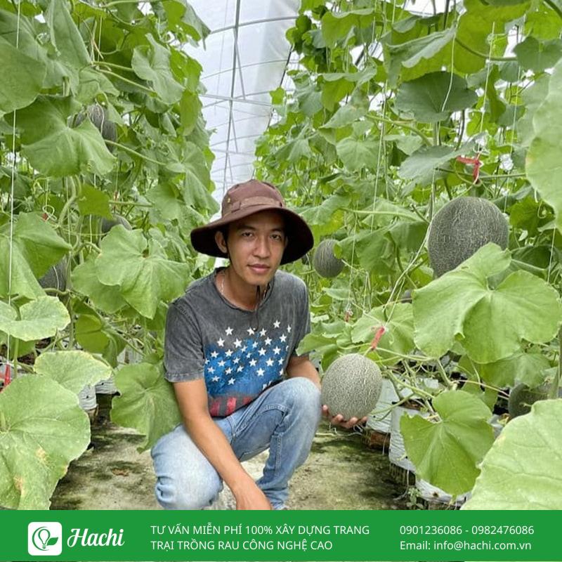 Có nên đầu tư vào mô hình trồng dưa lưới trong nhà màng? 11 Anh Nguyễn Hoàng Duy tại vườn dưa lưới trồng trong nhà màng